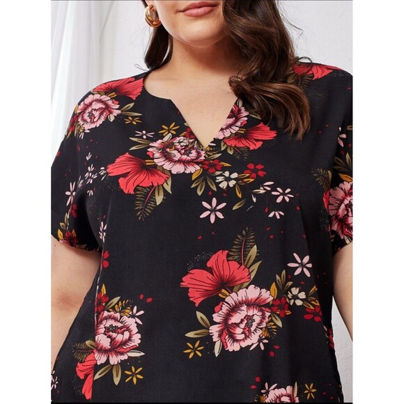 Black Tropical Floral Batwing Dolman Short Sleeves Shift Dress Size 3X - Picture 4 of 10